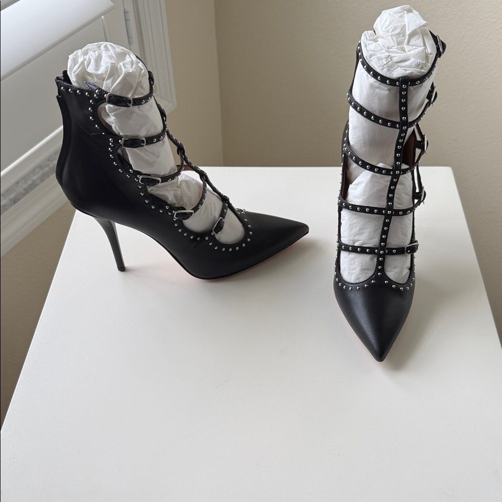 Studded Black Strappy Pointed-Toe High Heels